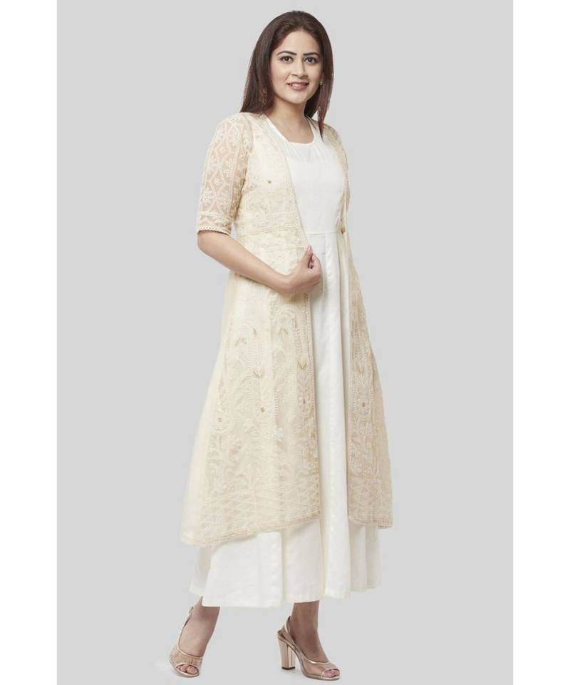 Haze Gold Chanderi Embroidered Jacket Dress with Off-White Floor Length Dress