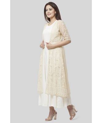 Haze Gold Chanderi Embroidered Jacket Dress with Off-White Floor Length Dress 3