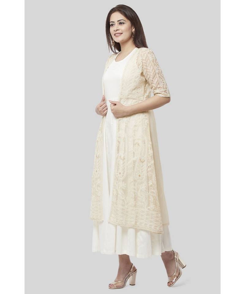 Haze Gold Chanderi Embroidered Jacket Dress with Off-White Floor Length Dress