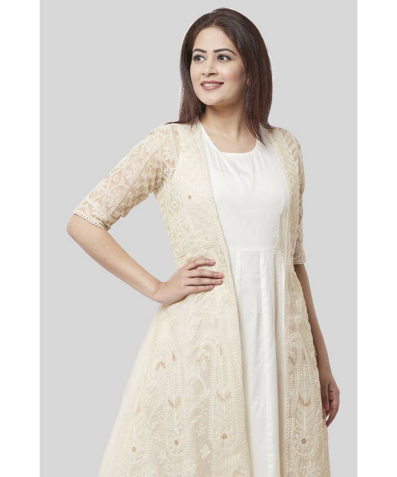 Haze Gold Chanderi Embroidered Jacket Dress with Off-White Floor Length Dress