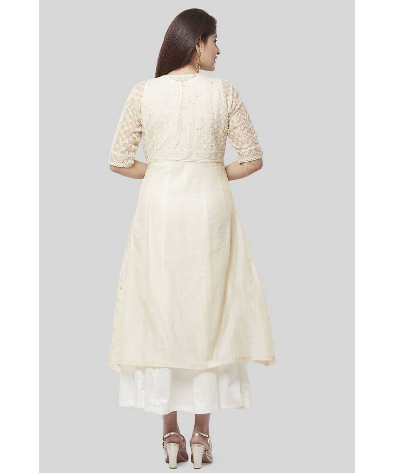 Haze Gold Chanderi Embroidered Jacket Dress with Off-White Floor Length Dress