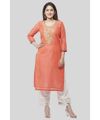 Coral Embroidered Chanderi Kurti with Off-White Gotta Palazzo 1