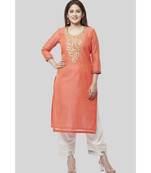Coral Embroidered Chanderi Kurti with Off-White Gotta Palazzo