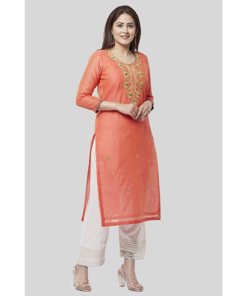 Coral Embroidered Chanderi Kurti with Off-White Gotta Palazzo