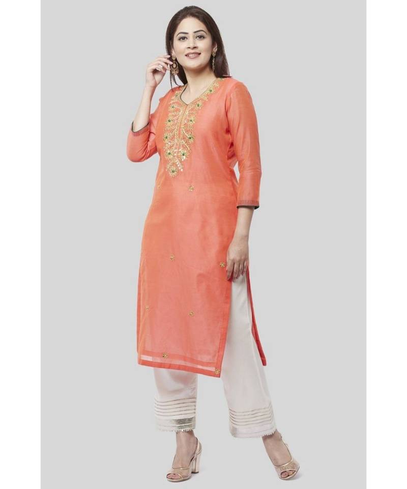Coral Embroidered Chanderi Kurti with Off-White Gotta Palazzo