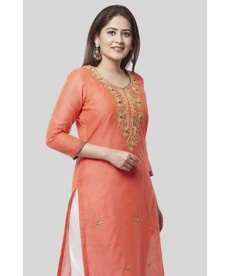 Coral Embroidered Chanderi Kurti with Off-White Gotta Palazzo 4