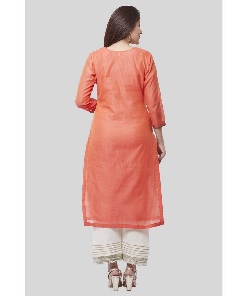 Coral Embroidered Chanderi Kurti with Off-White Gotta Palazzo