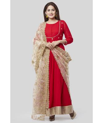 Fiery Red Georgette Floorlength with Gold Floral Sequenced Organza Dupatta 1