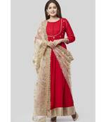 Fiery Red Georgette Floorlength with Gold Floral Sequenced Organza Dupatta