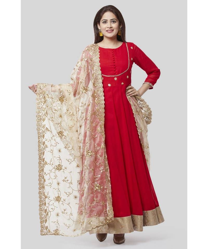 Fiery Red Georgette Floorlength with Gold Floral Sequenced Organza Dupatta