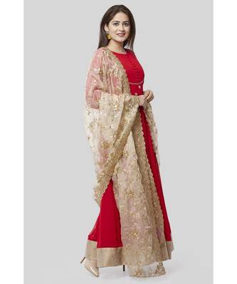 Fiery Red Georgette Floorlength with Gold Floral Sequenced Organza Dupatta 3