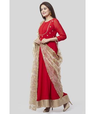 Fiery Red Georgette Floorlength with Gold Floral Sequenced Organza Dupatta 4
