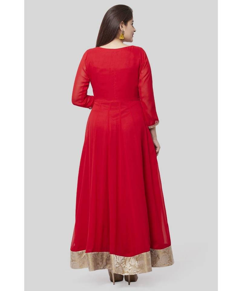 Fiery Red Georgette Floorlength with Gold Floral Sequenced Organza Dupatta