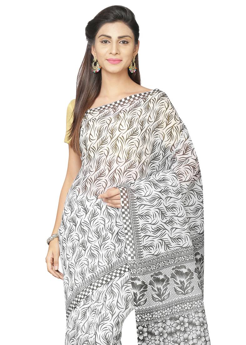 White Printed Cotton Saree With Unstitched Blouse Piece