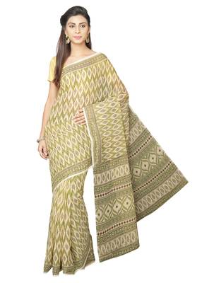 Green printed blended cotton saree with blouse 1