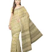 Green printed blended cotton saree with blouse