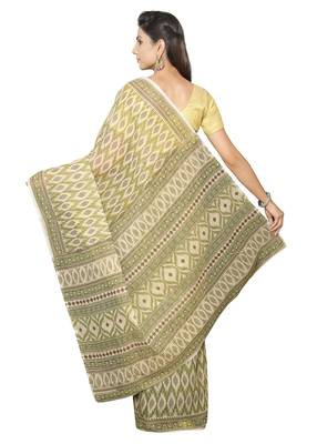 Green printed blended cotton saree with blouse 2