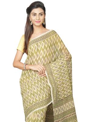 Green printed blended cotton saree with blouse 3