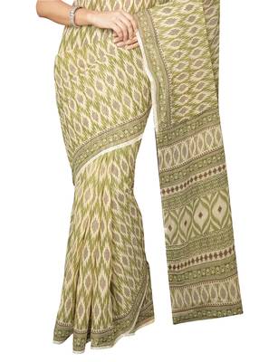 Green printed blended cotton saree with blouse 4