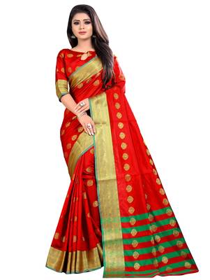 Red woven jacquard saree with blouse 1