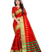 Red woven jacquard saree with blouse