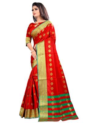 Red woven jacquard saree with blouse 3
