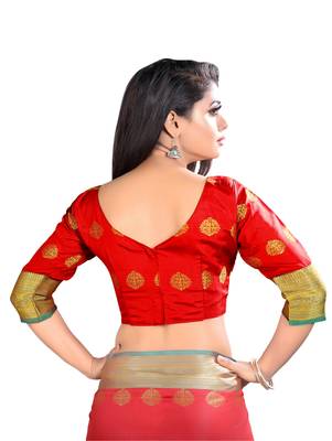 Red woven jacquard saree with blouse 5