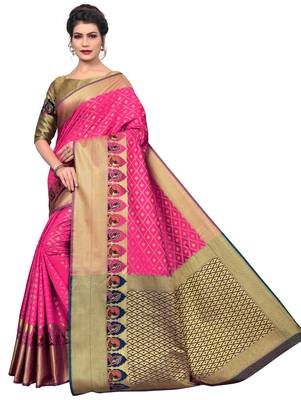 Pink woven jacquard saree with blouse 1