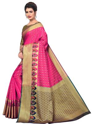 Pink woven jacquard saree with blouse 3