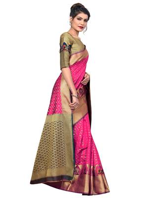 Pink woven jacquard saree with blouse 4