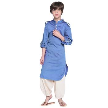 Blue Plain Cotton Boys Kurta Pyjama 1
