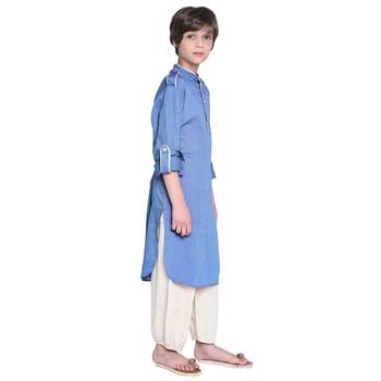 Blue Plain Cotton Boys Kurta Pyjama 3