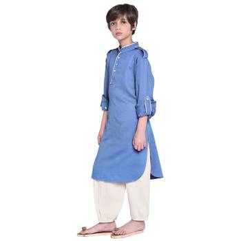 Blue Plain Cotton Boys Kurta Pyjama 4