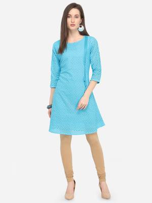 Sky Blue Cotton Schiffli Stitched Kurti 1