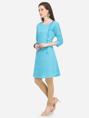 Sky Blue Cotton Schiffli Stitched Kurti 3