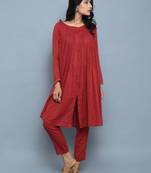 Red plain cotton long kurti with palazzo