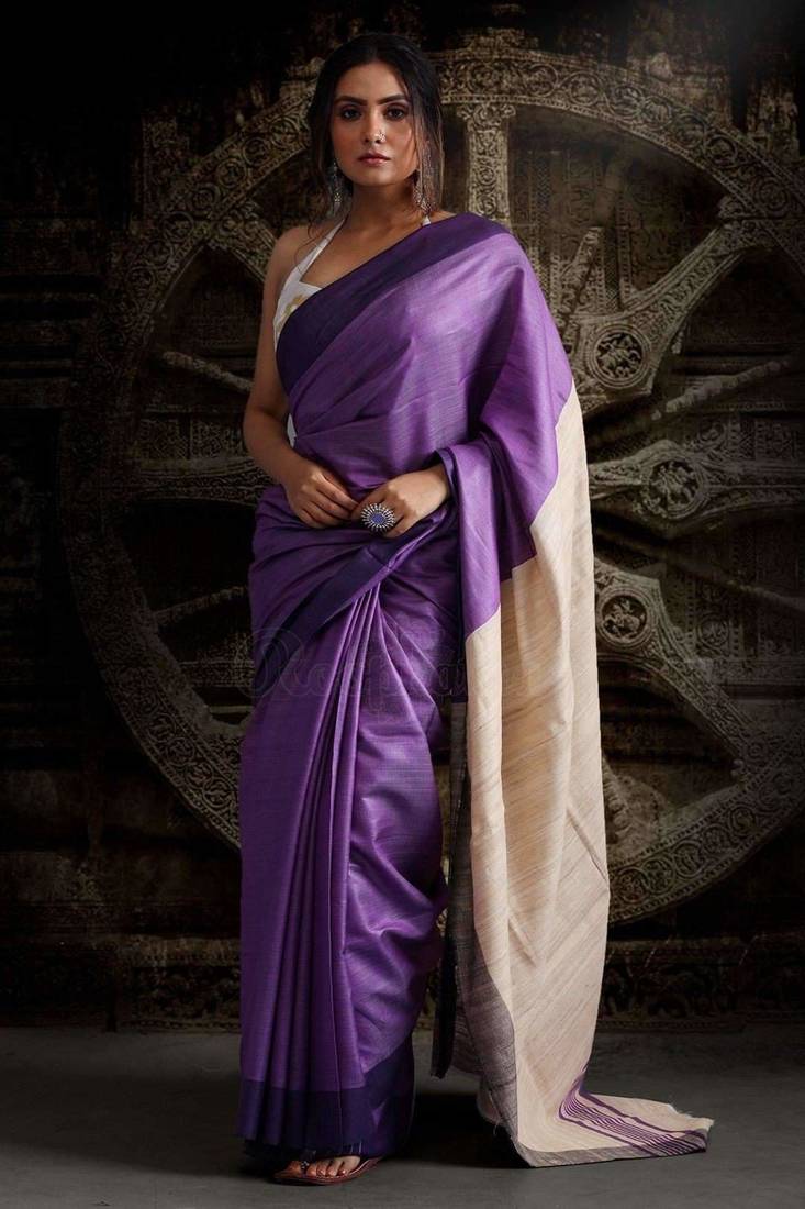 Purple Gheecha Saree With Cream Pallu