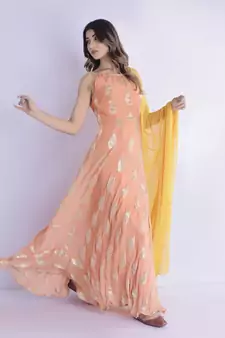 Tangerine anarkali with tasseled dupatta