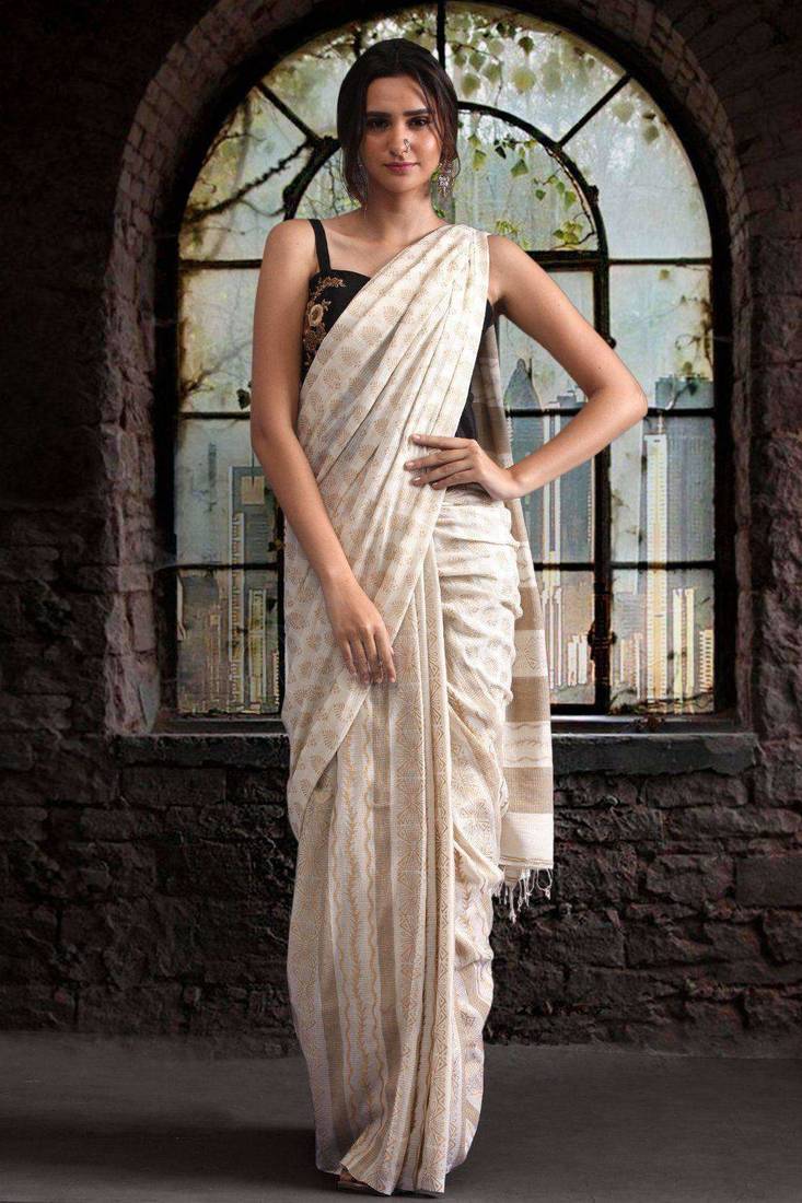 Off White Pure Cotton Saree With Handblock Print