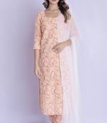 peach chikan kurta pant dupatta set