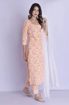 peach chikan kurta pant dupatta set 2