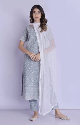 Grey chikan kurta pant dupatta set 1
