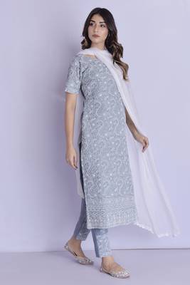 Grey chikan kurta pant dupatta set 2