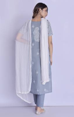 Grey chikan kurta pant dupatta set 3
