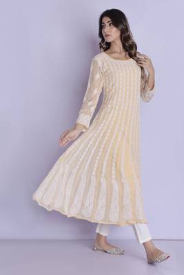 beige chikan anarkali kurti with pant 2