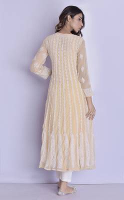 beige chikan anarkali kurti with pant 3