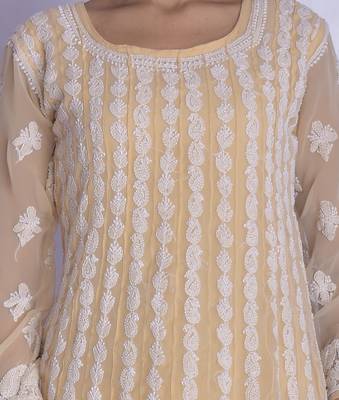 beige chikan anarkali kurti with pant 4