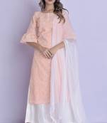 PEACH CHIKANKARI BELL SLEEVE KURTA PALAZZO DUPATTA SET