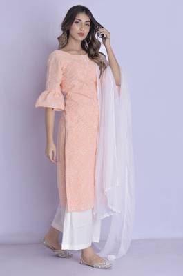 PEACH CHIKANKARI BELL SLEEVE KURTA PALAZZO DUPATTA SET 2