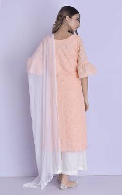 PEACH CHIKANKARI BELL SLEEVE KURTA PALAZZO DUPATTA SET 3